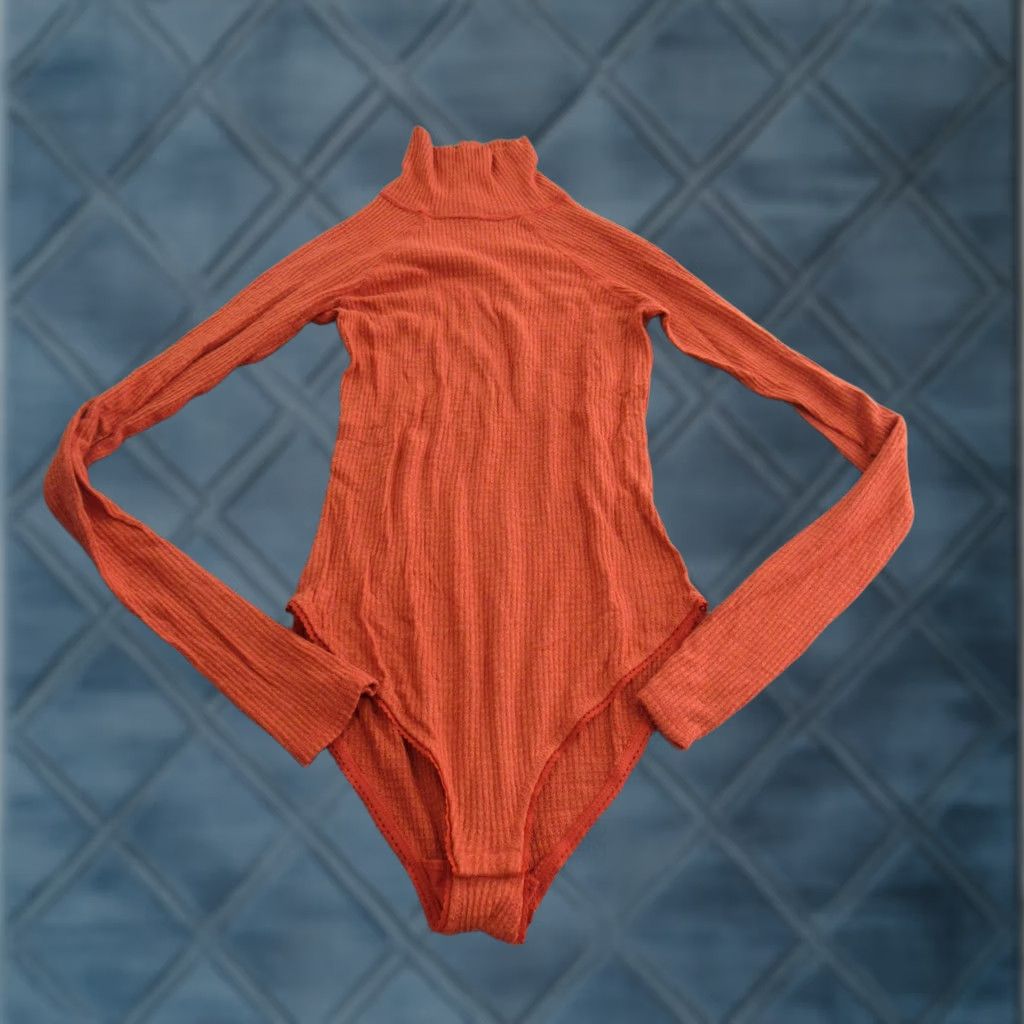 Free People Free People Bodysuit Womens Small Orange Ribbed Turtleneck Long Sleeve Stretch Size S / US 4 / IT 40 - 1 Thumbnail