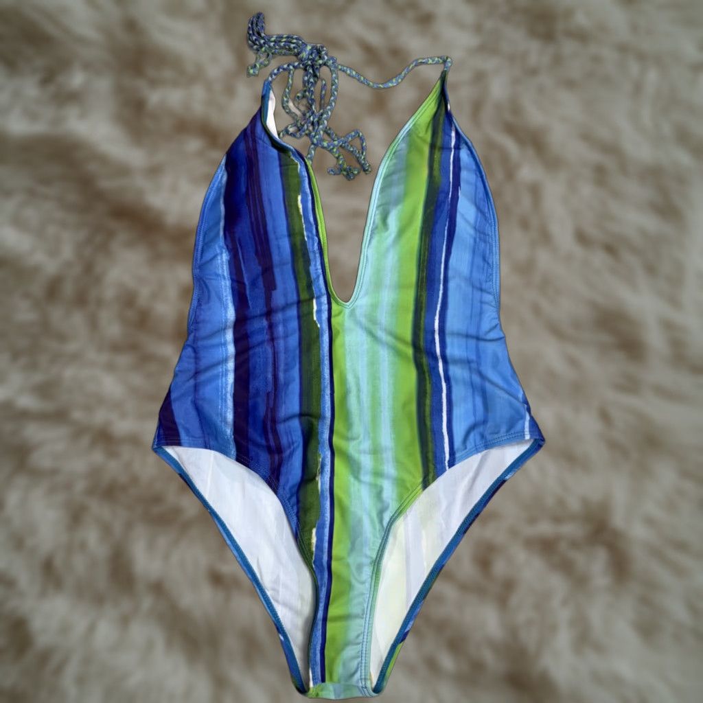 Vintage Women's Blue Green Stripe One Piece Swim Suit Deep V-Neck Open Back Sz L NWT Size L / US 10 / IT 46 - 1 Thumbnail