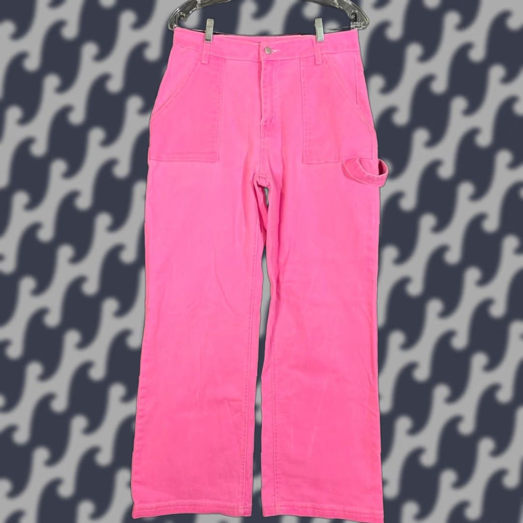Vintage American Bazi Hot Pink Wide Leg Womens High Waisted Denim Jeans Size 12 13 Pink Wide-Leg Jeans Size 34" / US 12 / IT 48 - 1 Thumbnail
