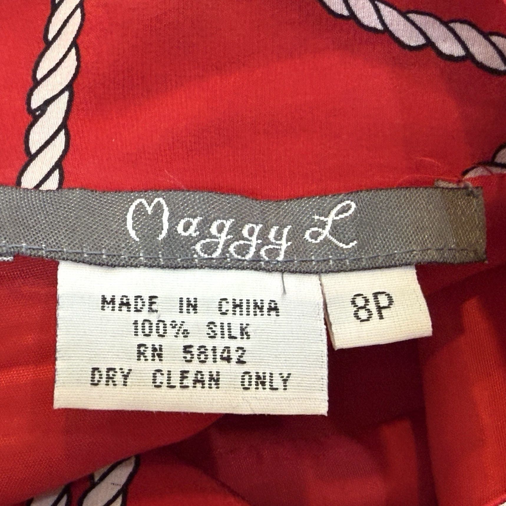 MAGGY LONDON VINTAGE Maggie L Silk Jacket Womens Petite 8 Red Rope Print Button Front Long Sleeve Navy Nautical Womens Size M / US 6-8 / IT 42-44 - 6 Thumbnail