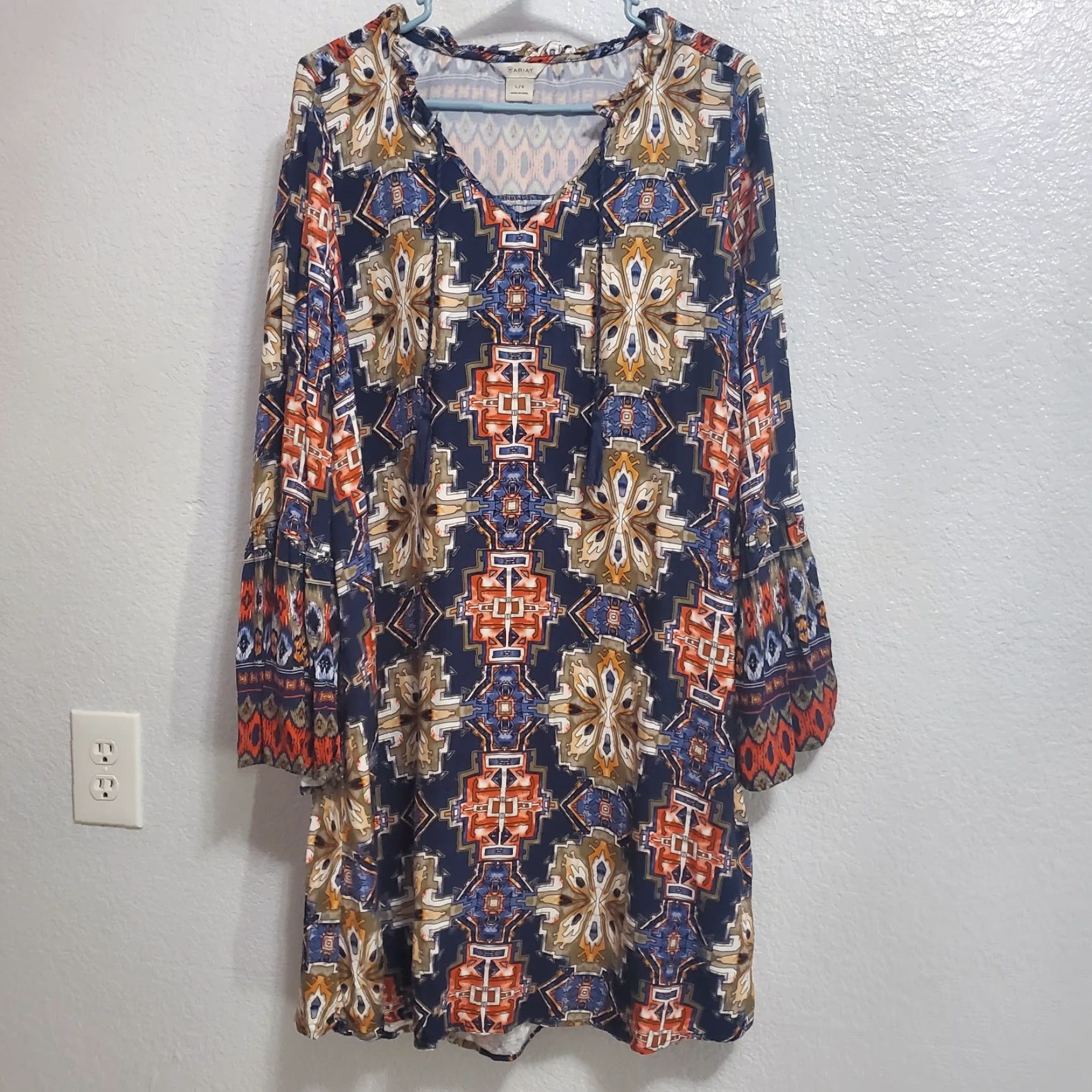 Ariat Ariat Dress Women L Blue Long Bell Sleeve Tassel Tie Rayon Western Boho Festival Size L / US 10 / IT 46 - 2 Thumbnail