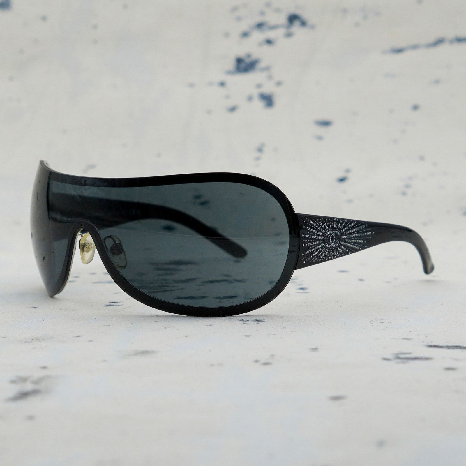 Vintage chanel 4148 black crystal cc logo shield sunglasses