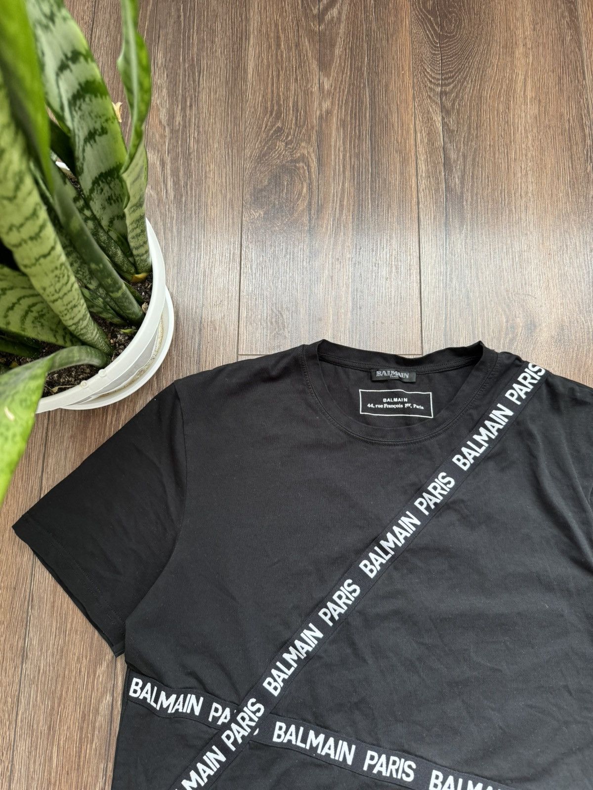 Balmain Balmain Paris men’s Logo Tape Diagonal Striped T-Shirt Black Size US L / EU 52-54 / 3 - 2 Thumbnail