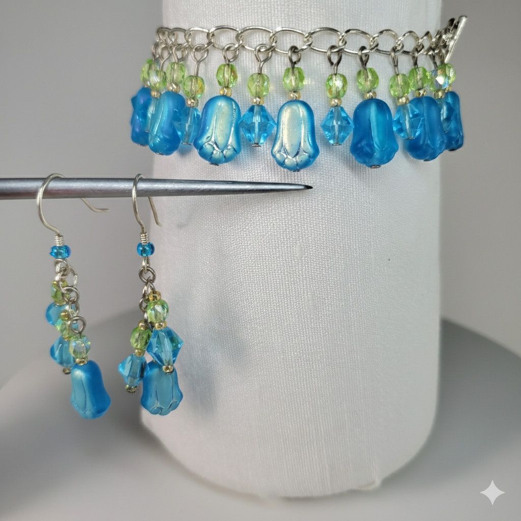 Handmade Tulip 7.5" Charm Bracelet Earrings Set Handmade Blue Czech Size ONE SIZE - 2 Thumbnail