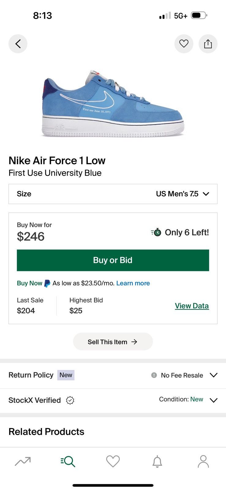 Nike Air Force 1 First Use University Blue Size US 7.5 / EU 40-41 - 7 Thumbnail