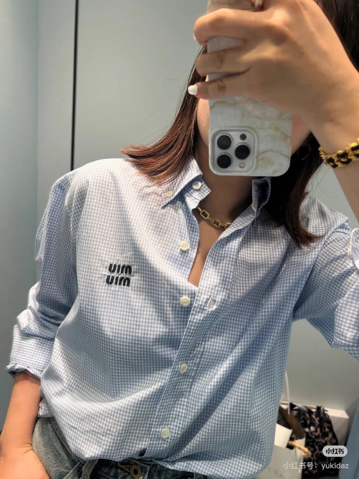Miu Miu MIU MIU Women's Light Blue Check Logo Shirt 38 Mint Size S / US 4 / IT 40 - 9 Thumbnail