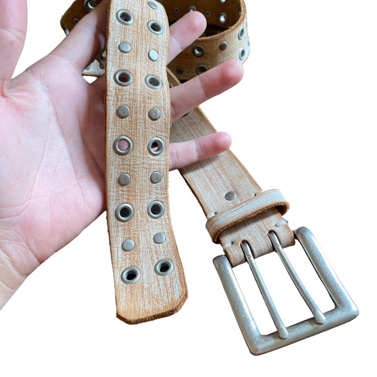 If Six Was Nine × Le Grande Bleu (L.G.B.) Vintage Studded Rivet Leather Wood Style Belt Size ONE SIZE - 9 Thumbnail