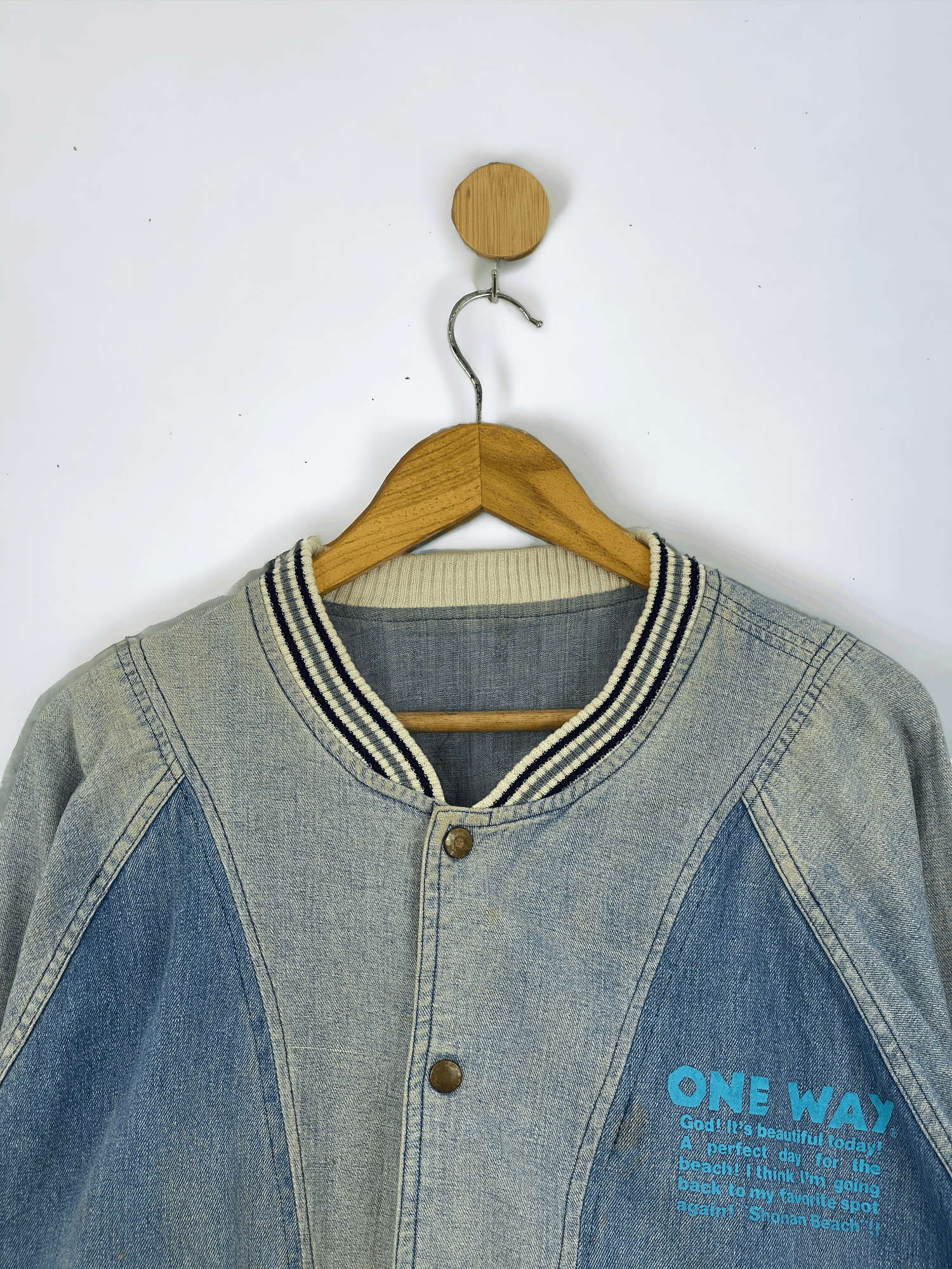 Japanese Brand Vintage One Way Varsity Bomber Denim Jacket VA0005 Size US XL / EU 56 / 4 - 2 Thumbnail