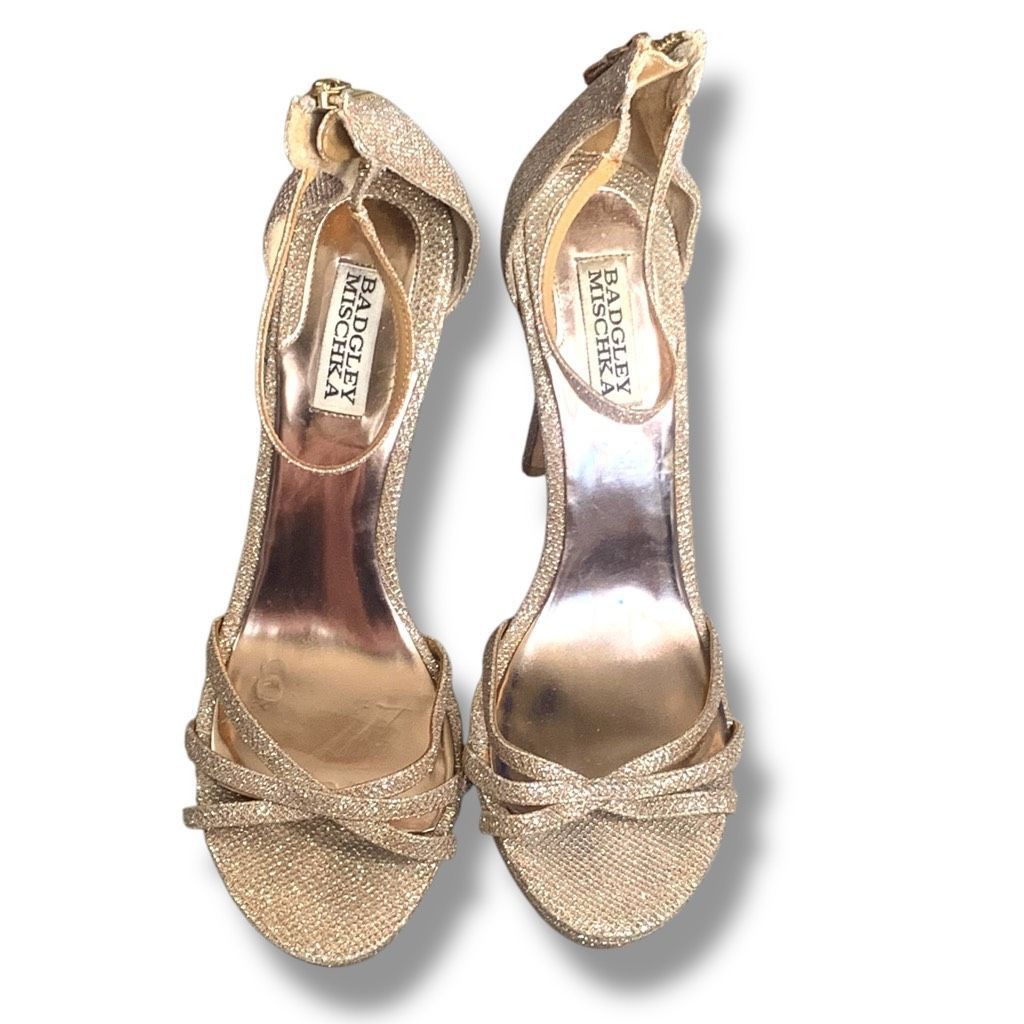 Badgley Mischka Badgley Mischka Gold Glitter Heels Size 9 Zip Back Strappy P Size US 9 / IT 39 - 1 Thumbnail