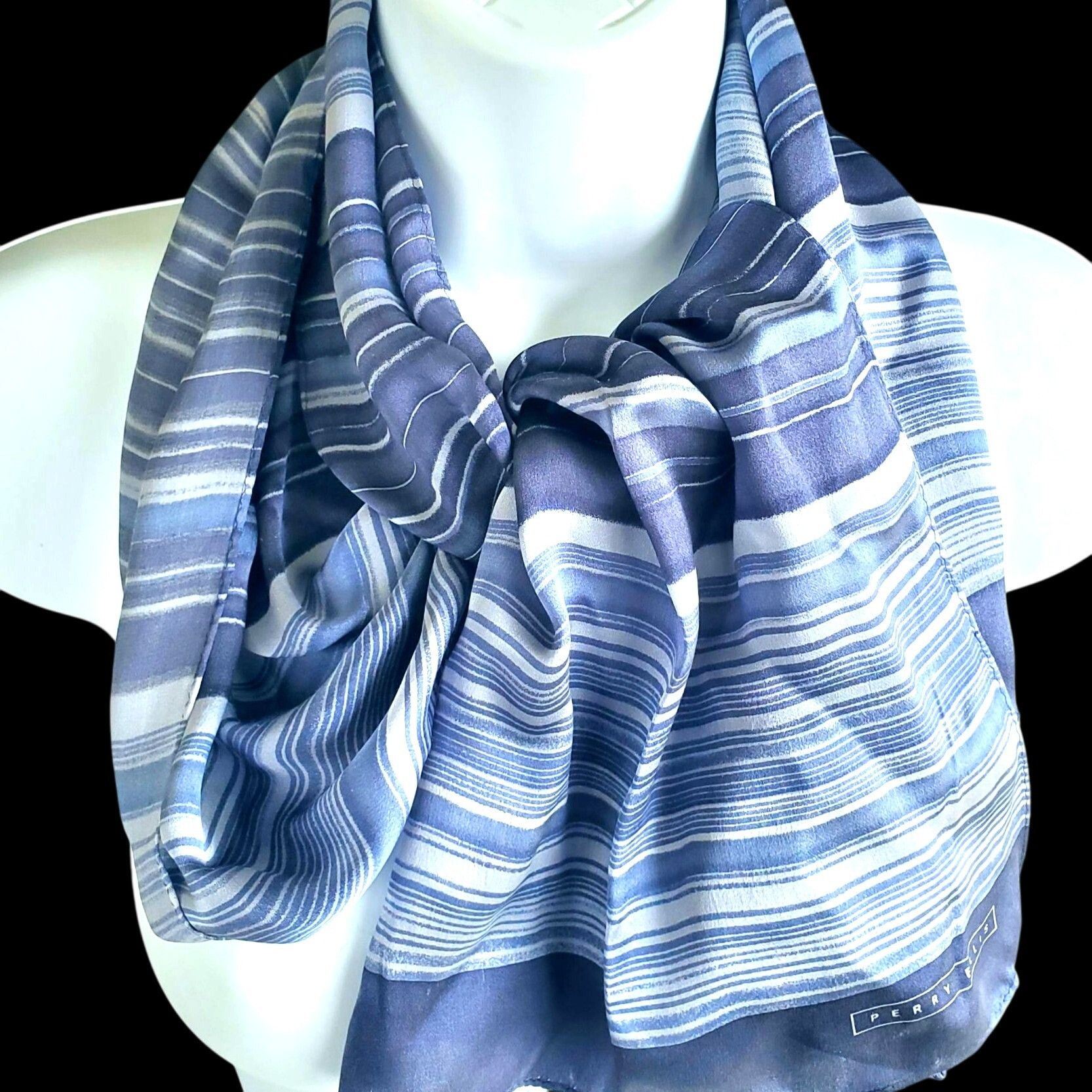 Perry Ellis Vintage Perry Ellis Scarf Blue Gray Striped Silk Rectangle 5 Size ONE SIZE - 1 Thumbnail