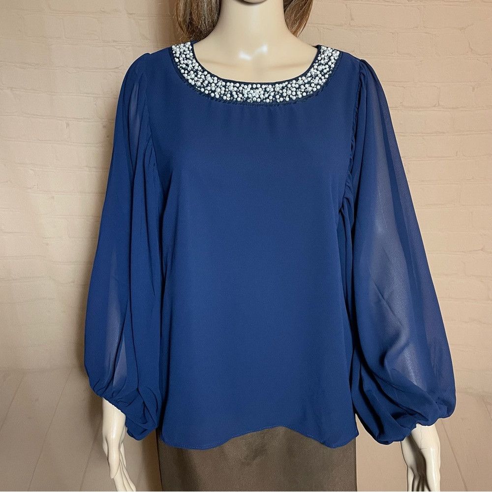 Vince Camuto NWT New Vince Camuto Blue Chiffon Balloon Sleeve Beaded Blo Size M / US 6-8 / IT 42-44 - 2 Thumbnail