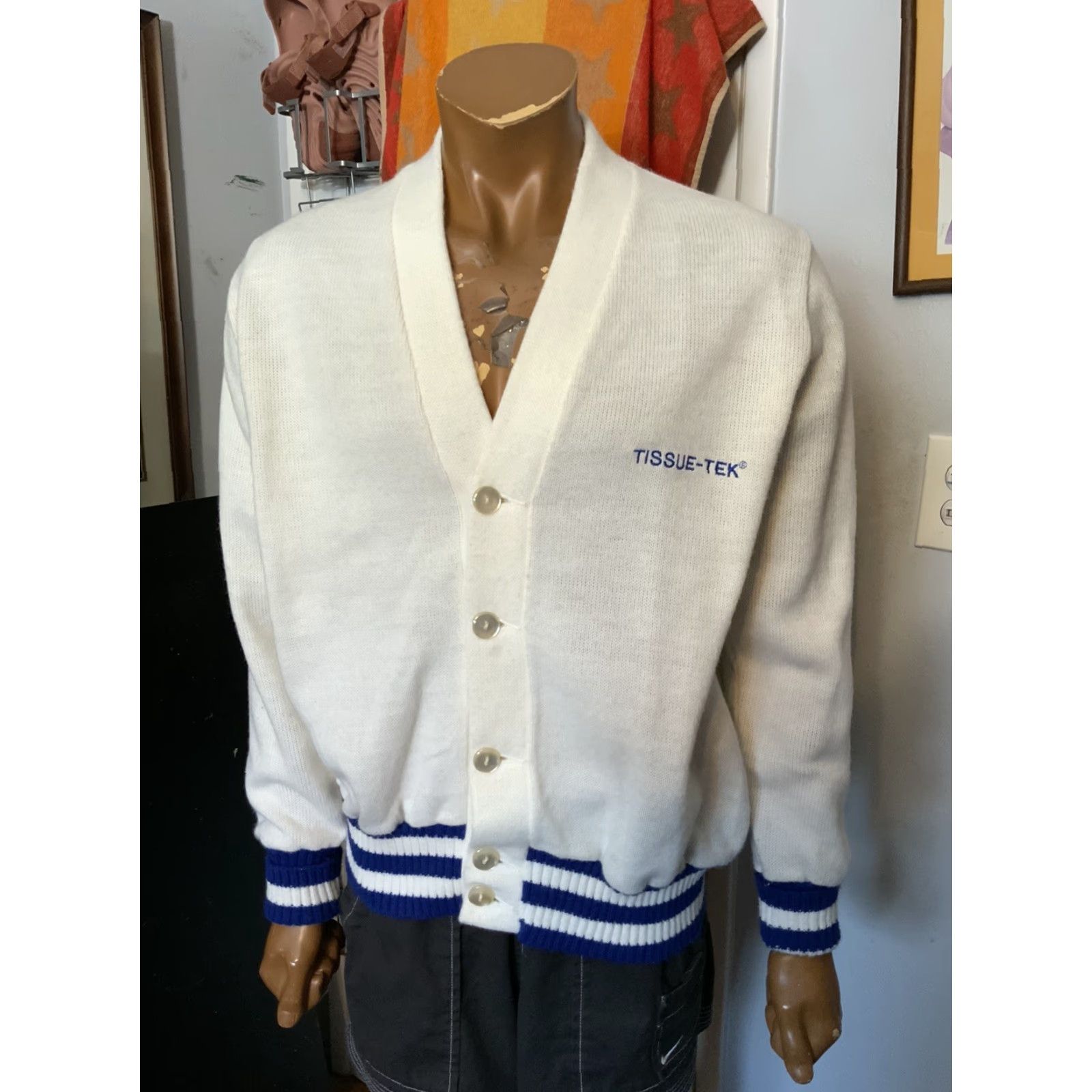 Vintage VINTAGE 70s 80s Tissue-Tek Lab Acrylic Knit Custom Chenille Embroidery Cardigan Sweater XL White/Blue Stripe Dallas Chest 52in Pit to Pit 26in 28in Size US XL / EU 56 / 4 - 7 Thumbnail
