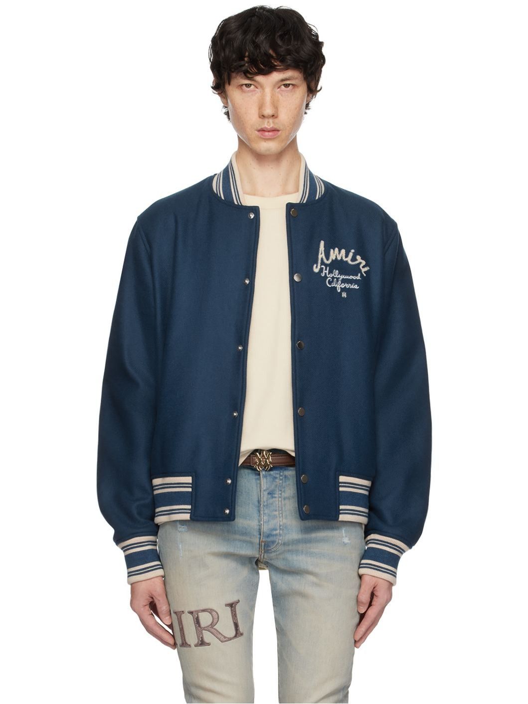 Amiri o1orln1125 Hollywood Bomber Jacket Blue/White Size US L / EU 52-54 / 3 - 3 Thumbnail