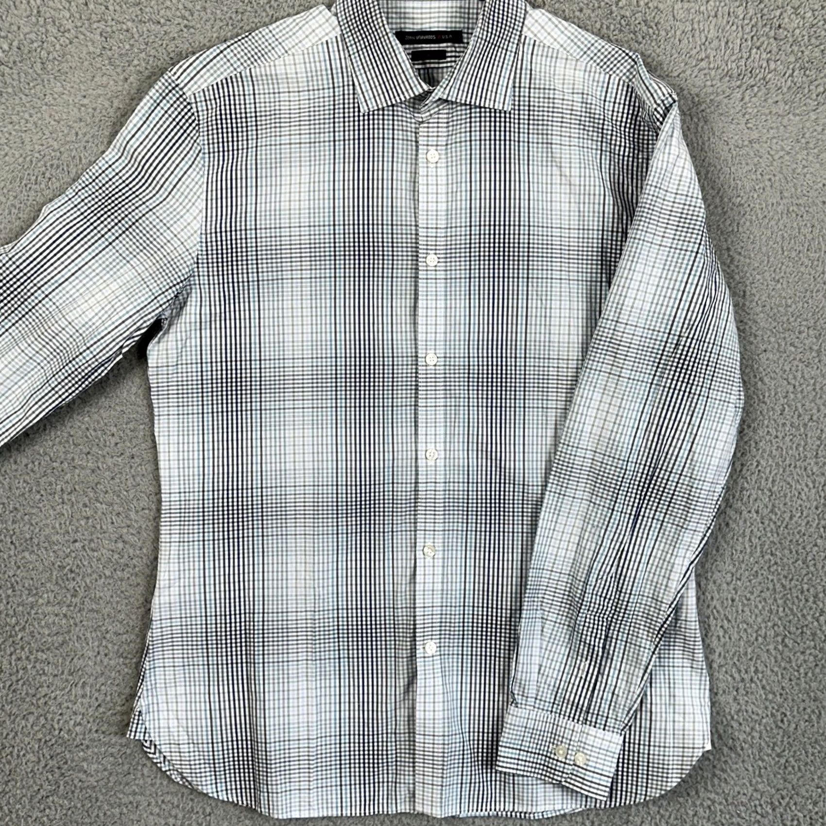 John Varvatos John Varvatos USA Dress Shirt Mens 16 34-35 White Gray Blue Plaid Long Sleeve Shirt Mens Regular Cotton 100% Size 42R - 2 Thumbnail