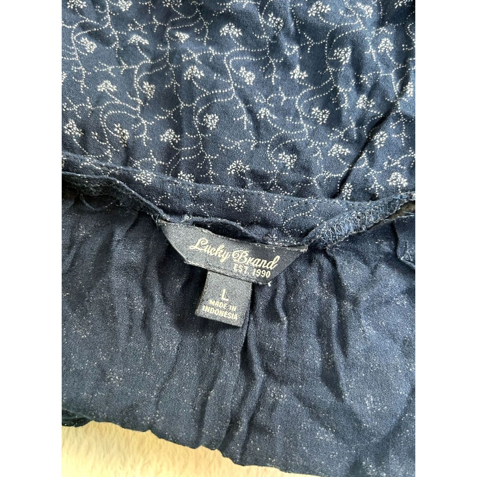 Lucky Brand Lucky Brand Women's Blouse Indigo Vine Print Long Sleeve Peasant Top Large Boho Size L / US 10 / IT 46 - 4 Thumbnail