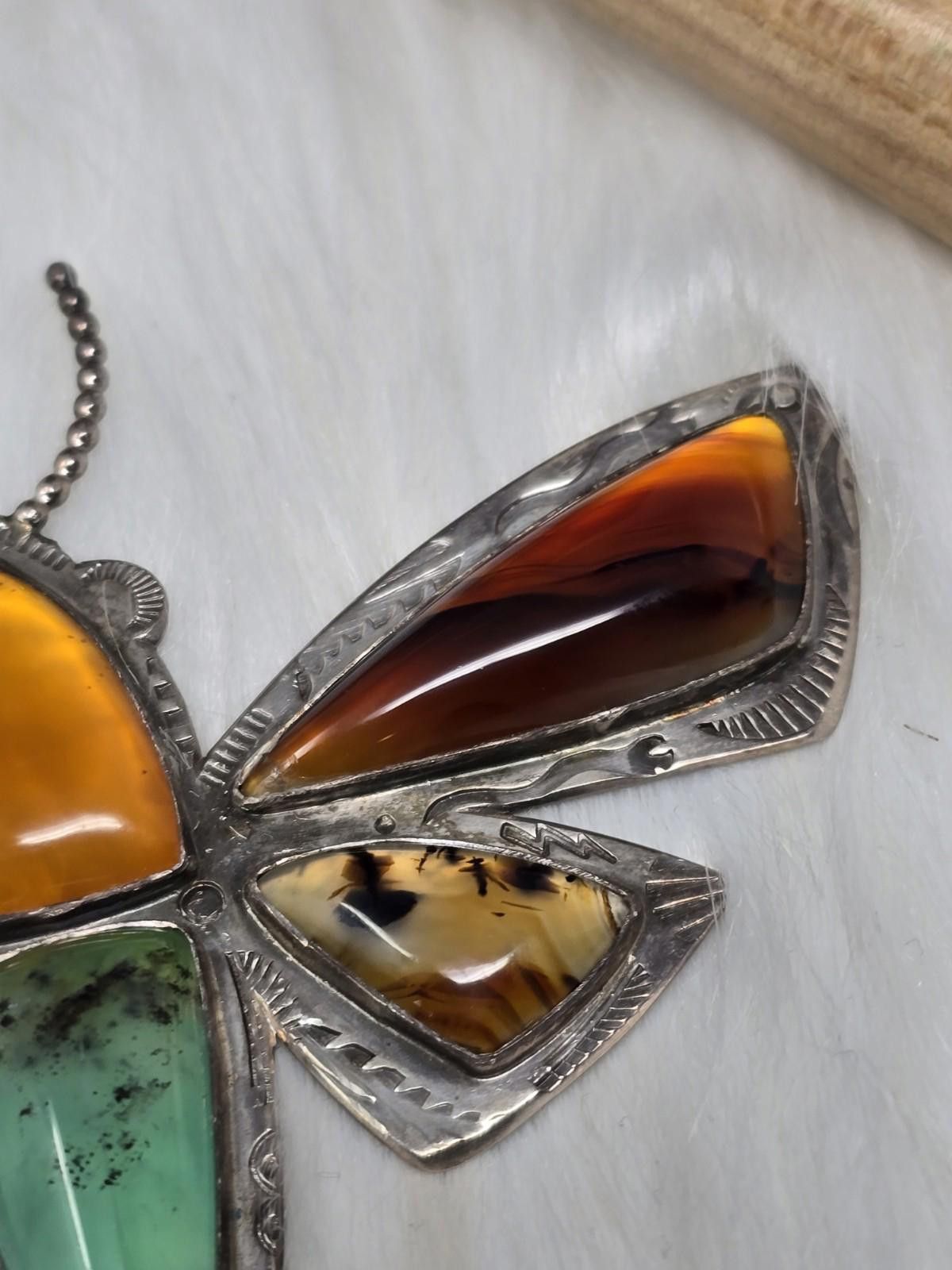 Other Artisan Huge 4" 925 Silver Agate Gaspeite Moth Brooch 50g Size ONE SIZE - 9 Thumbnail