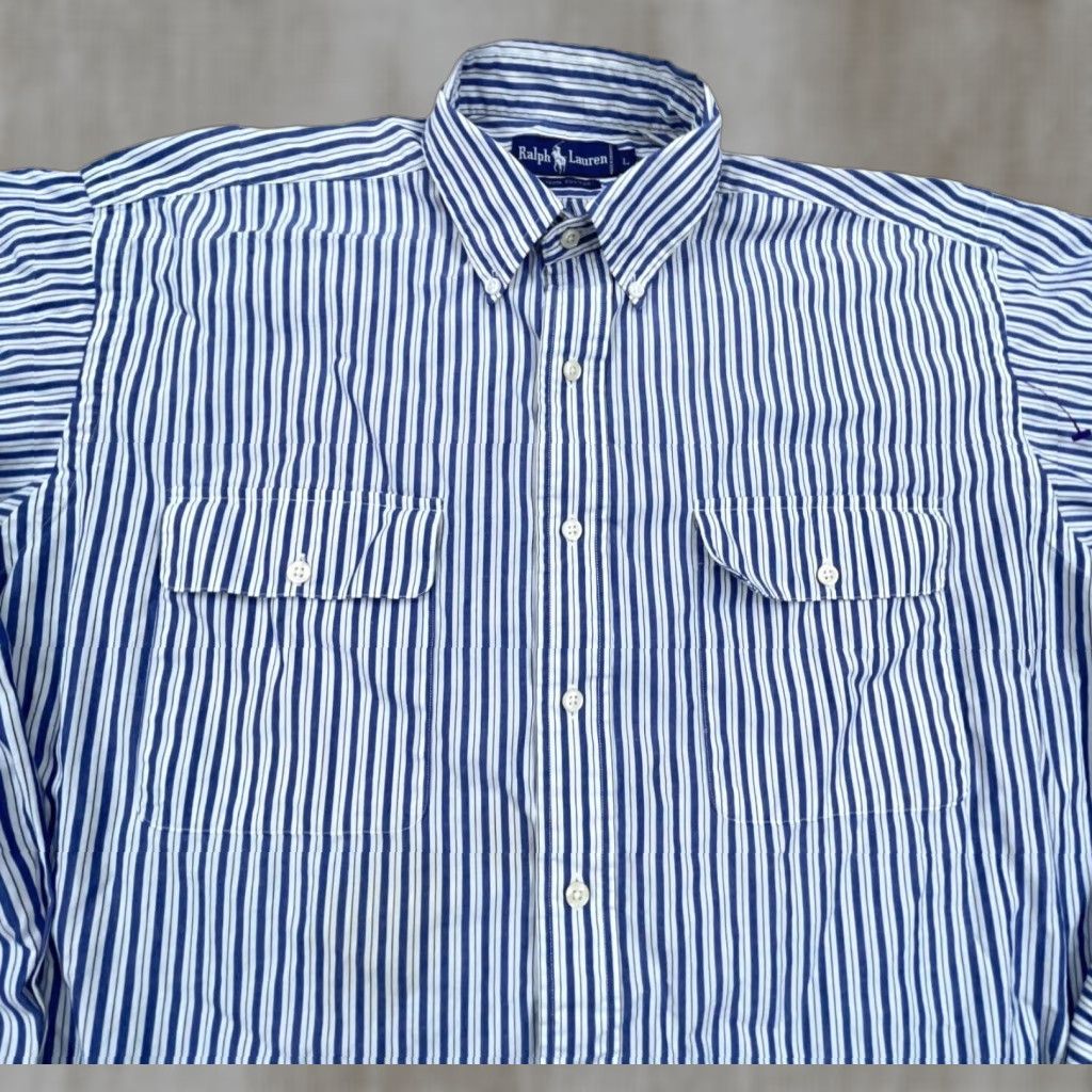 Ralph Lauren Ralph Lauren Shirt Button-Up Striped Blue White Long Sleeve L Men Regular Fit Adult Large Size 42R - 1 Thumbnail
