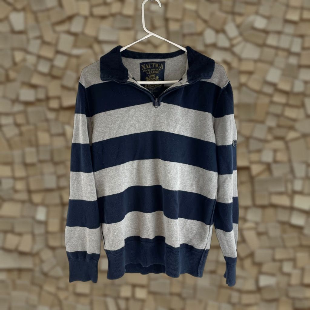 Nautica Nautica Sweater Men XL Navy Blue Gray Stripe Embroidered Patch Runs Small Size US XL / EU 56 / 4 - 1 Thumbnail