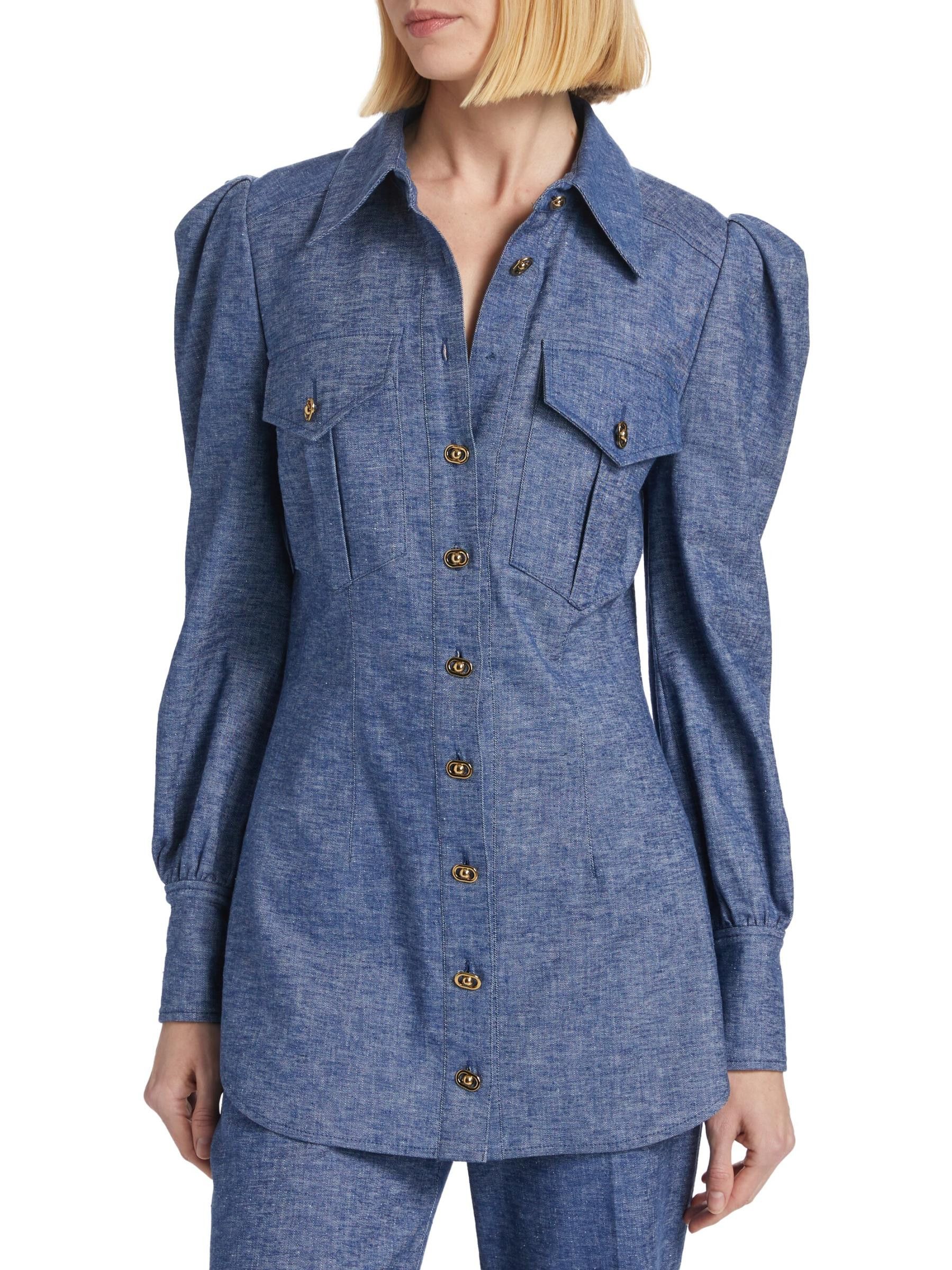Zimmermann oc11z0825 Eden Chambray Long-Sleeve Shirt in Blue Size L / US 10 / IT 46 - 2 Thumbnail