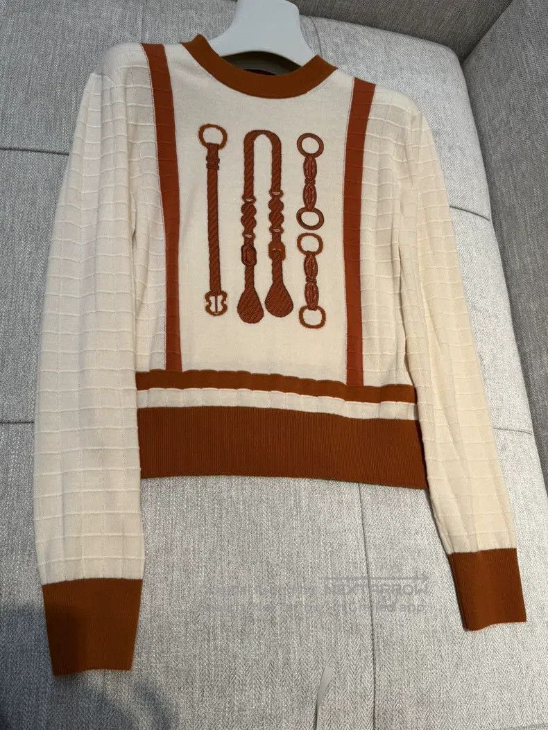 Hermes Hermes White Wool Knit Sweater, Size 40, Beige with Brown Size XS / US 0-2 / IT 36-38 - 1 Thumbnail