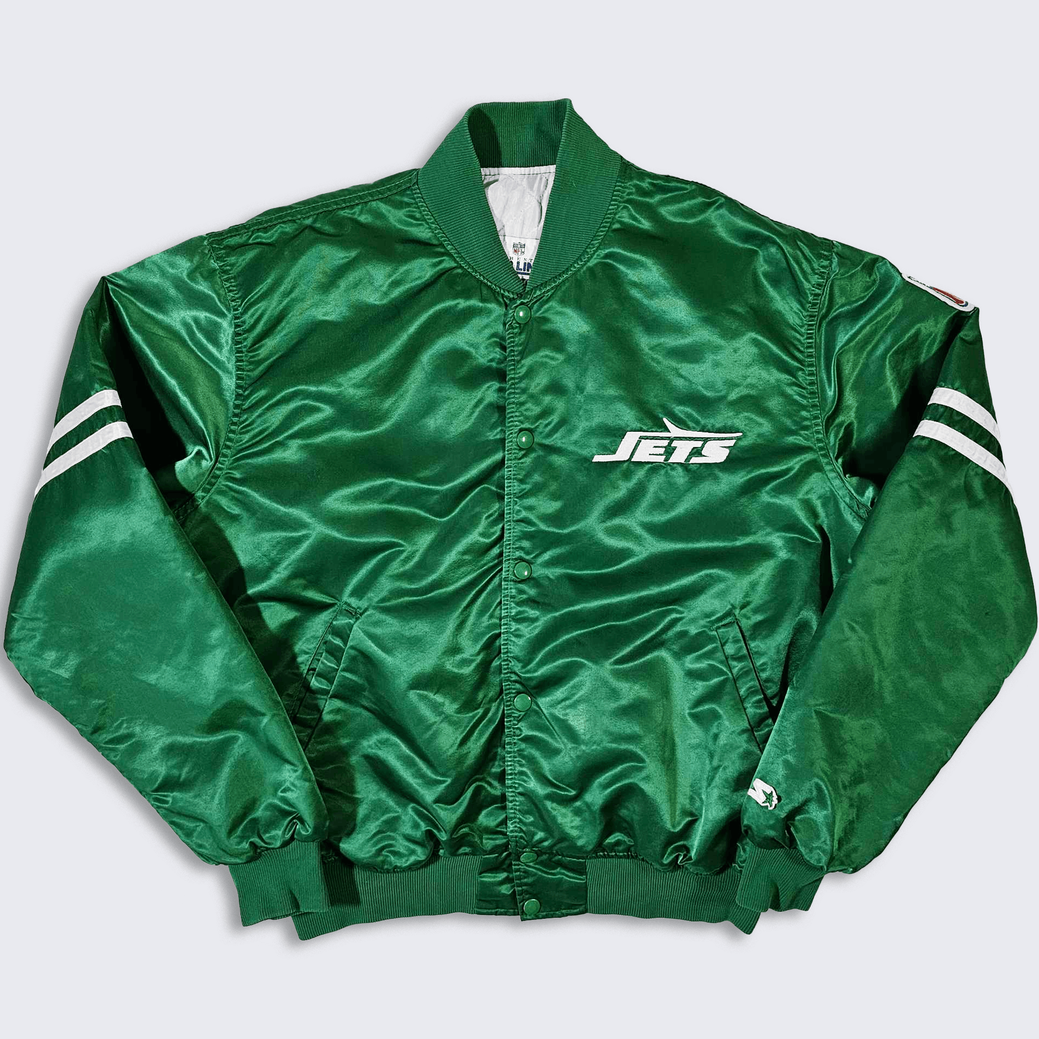 Image of Nfl x Starter New York Jets Vintage 80's Starter Satin Bomber Jacket in Green White, Men's (Size XL