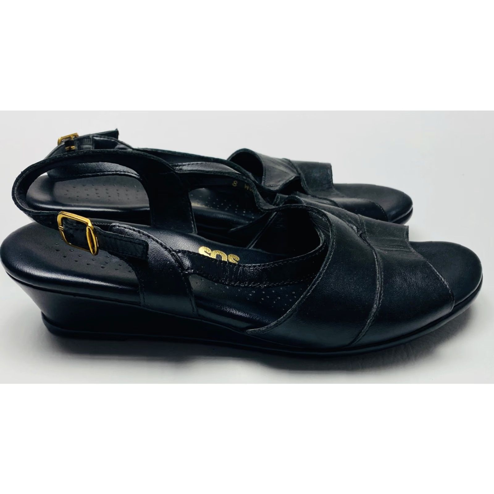 SAS SAS Caress Tripad Comfort Wedge Sandals Womens 7.5 WW Extra Wide Black Leather Size US 8 / IT 38 - 6 Thumbnail