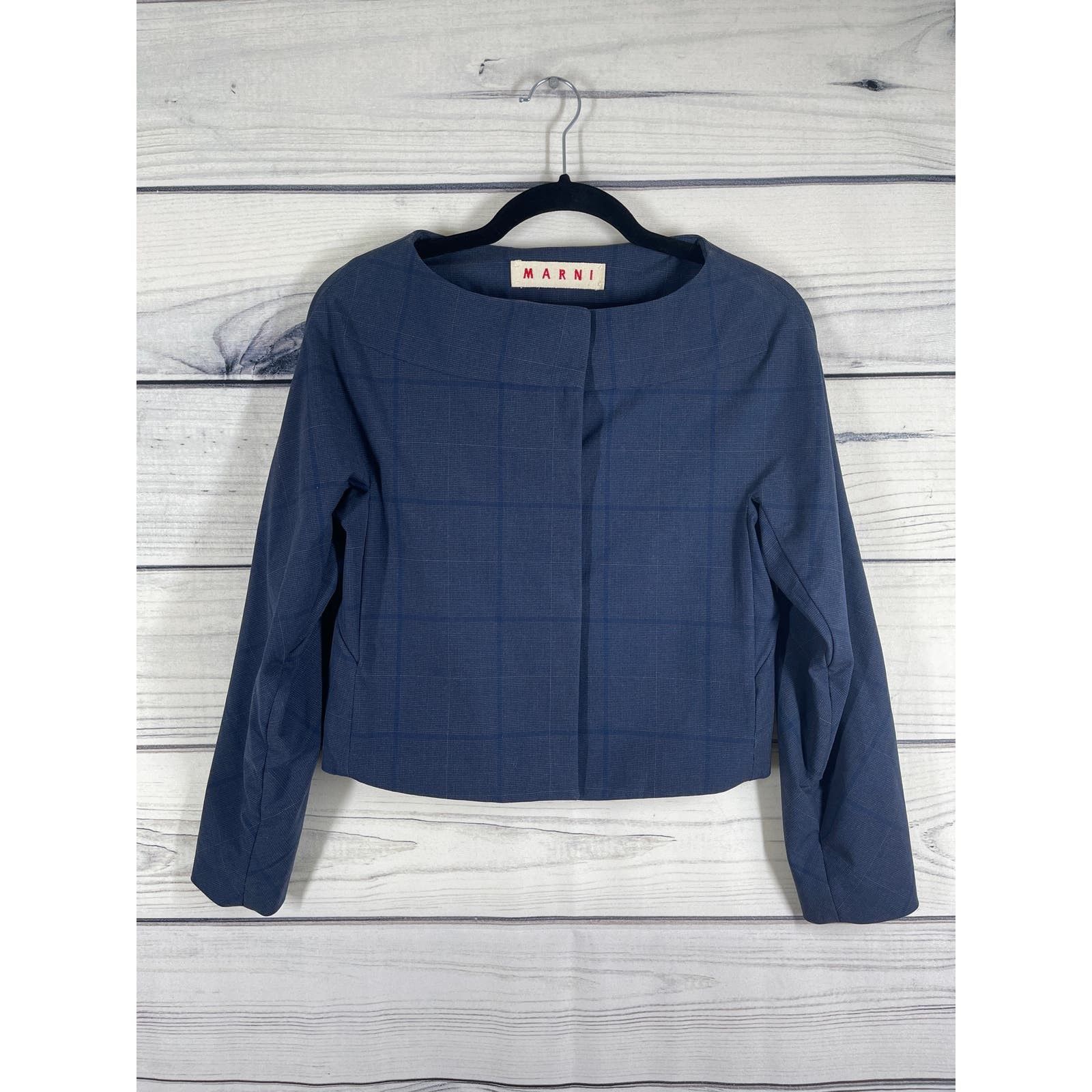 image of Marni Check Plaid Snap Front Cropped Jacket Plaid Size 38 in Blue, Women's