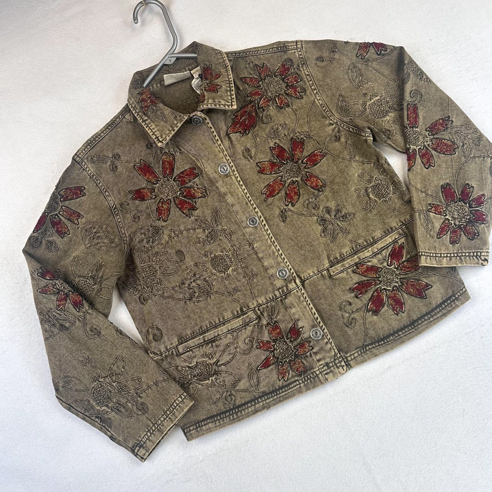 Vintage Chico's Jacket Womens 0 Small Khaki Floral Embroidered Denim Button Collared Pockets Short Size XS / US 0-2 / IT 36-38 - 2 Thumbnail