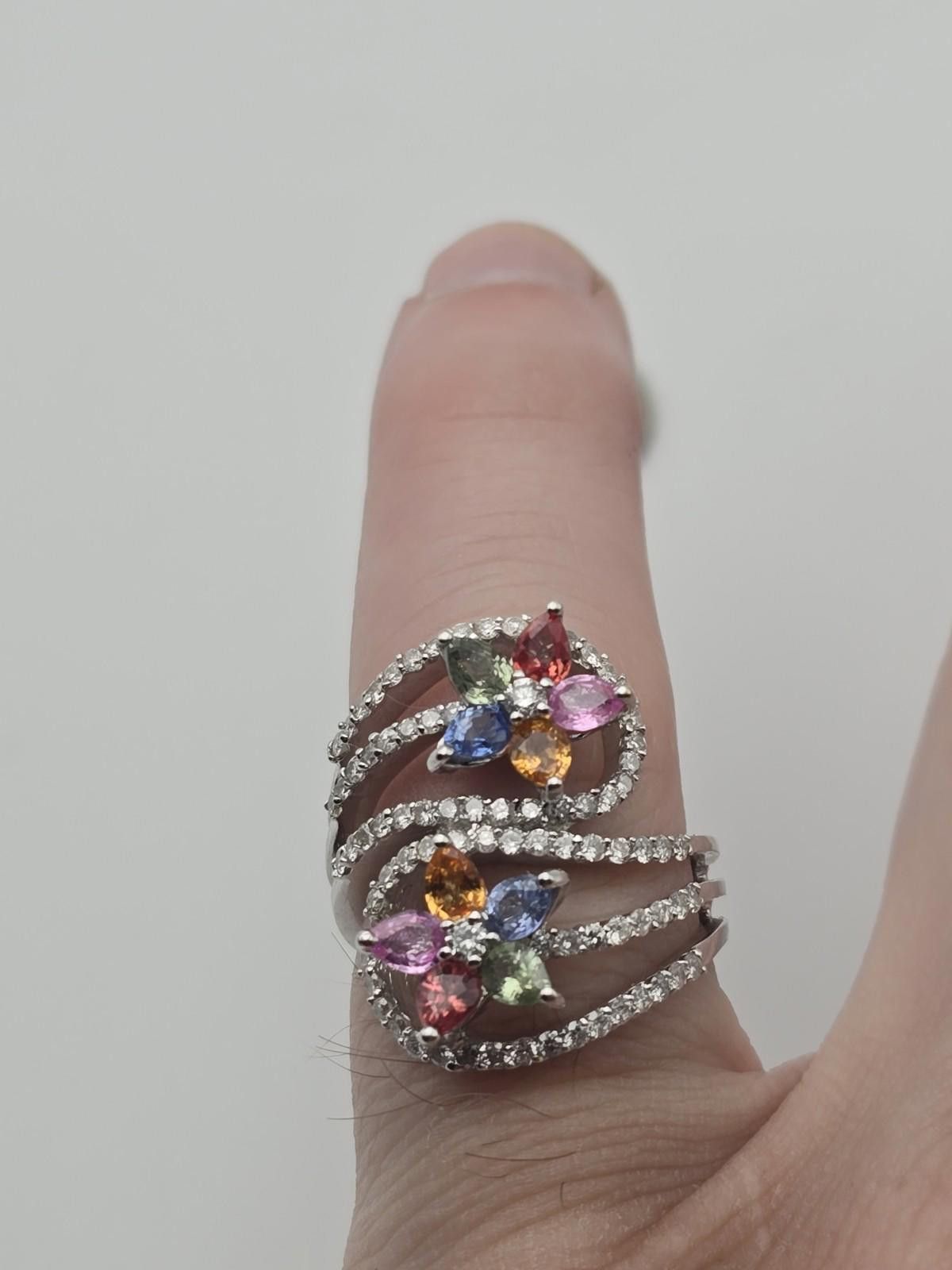 The Unbranded Brand 18k White Gold Floral Ring Rainbow Sapphire Diamond 1.8 ctw Size ONE SIZE - 4 Thumbnail