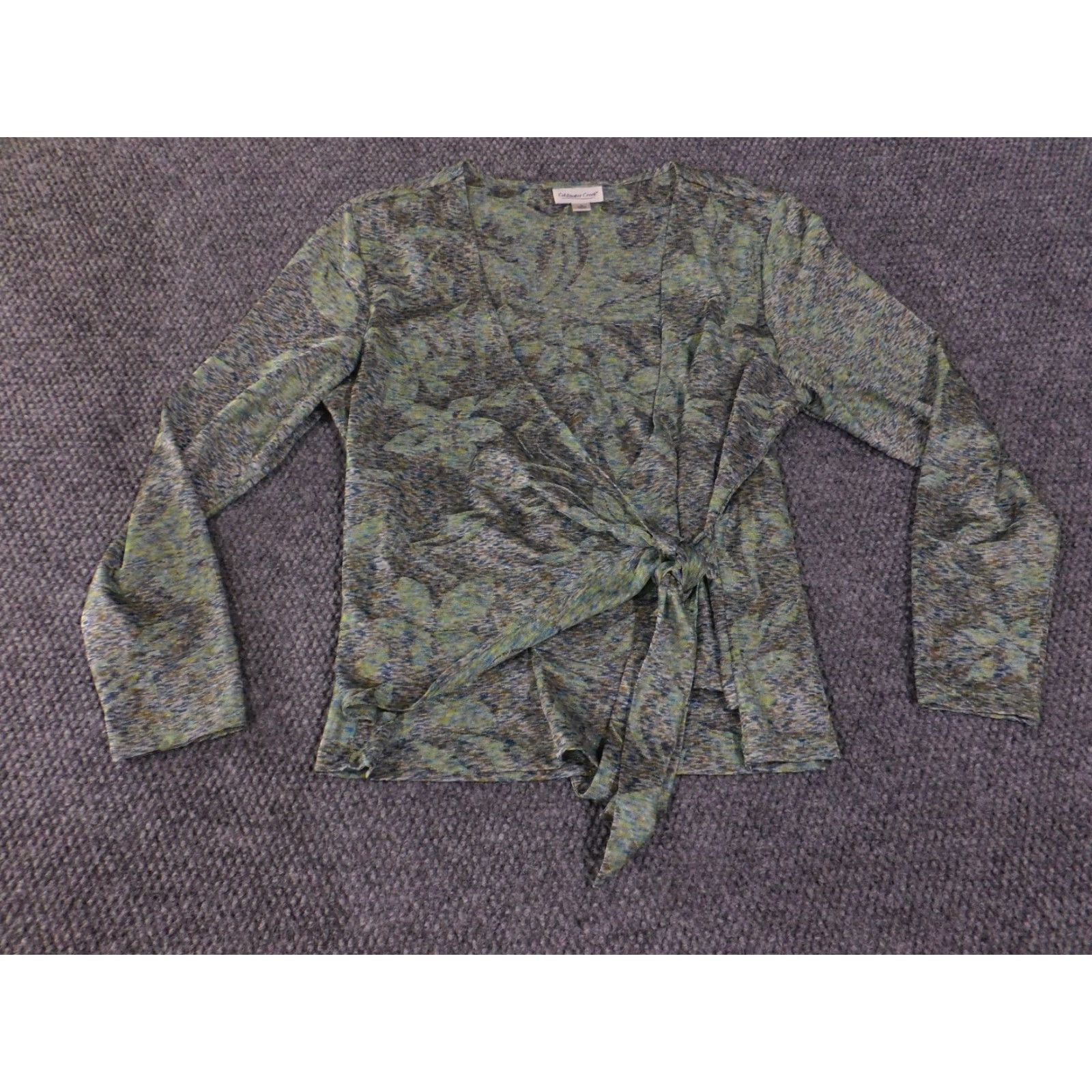 Coldwater Creek Coldwater Creek Blouse Womens Large Green Floral Tie Neck V-Neck Stretch Short? Wait. Size L / US 10 / IT 46 - 2 Thumbnail