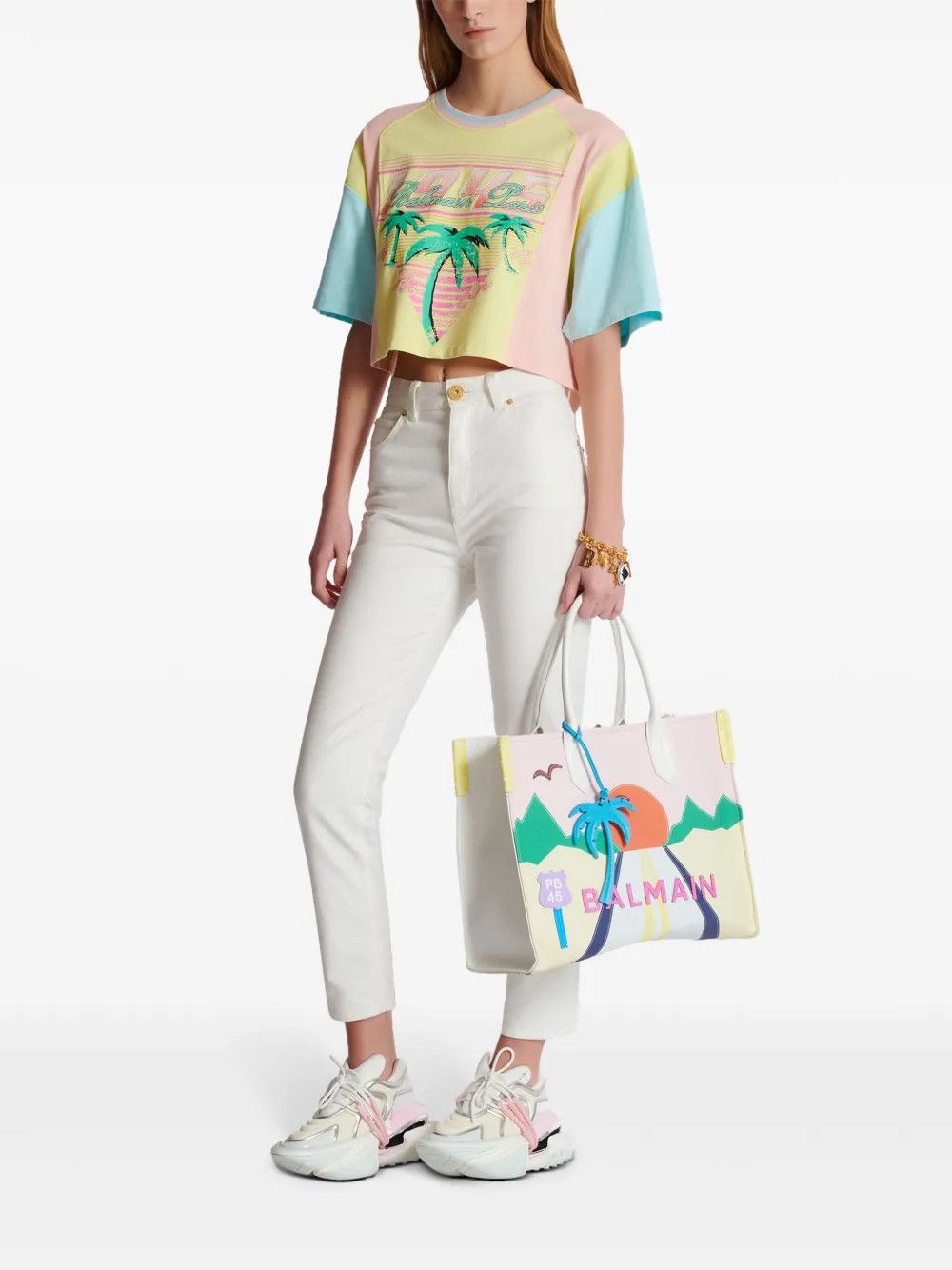 Balmain o1s1wg110725 Palm Tree Print Cropped T-Shirt in Multicolor Size XL / US 12-14 / IT 48-50 - 6 Thumbnail