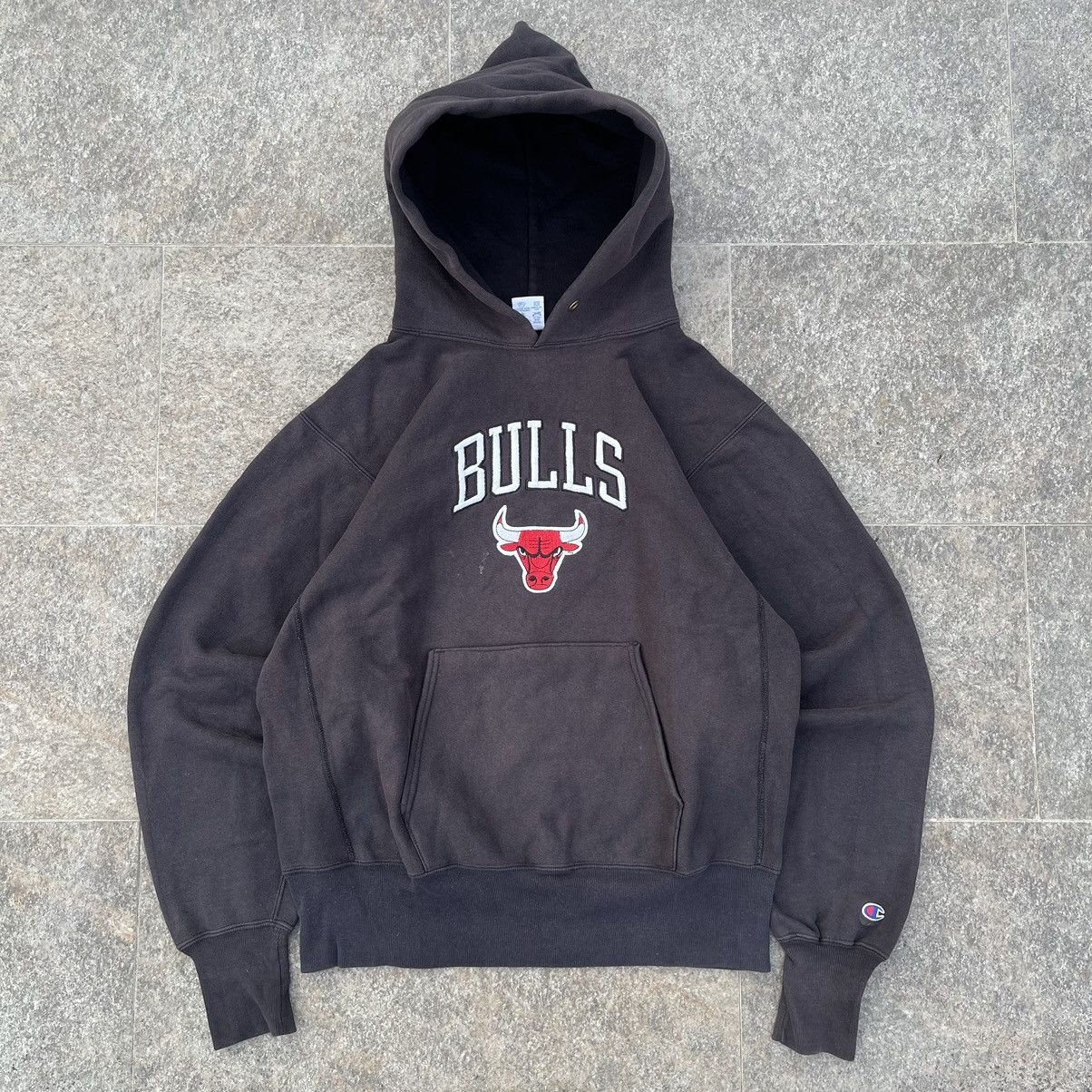 image of 90’S Bulls X Champion Reverse Weave Black Hoodie, Men's (Size Large)