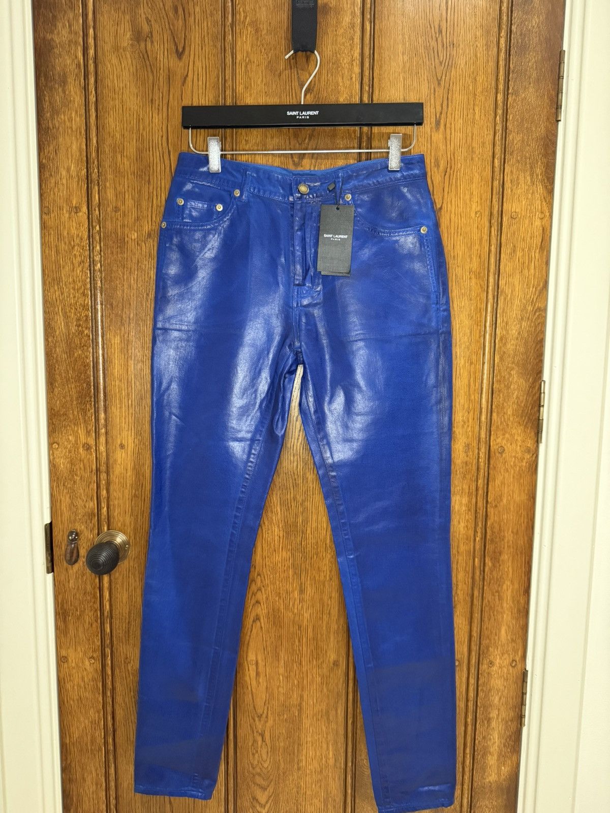 FW20 Saint Laurent waxed blue denim jeans 28 grail skinny