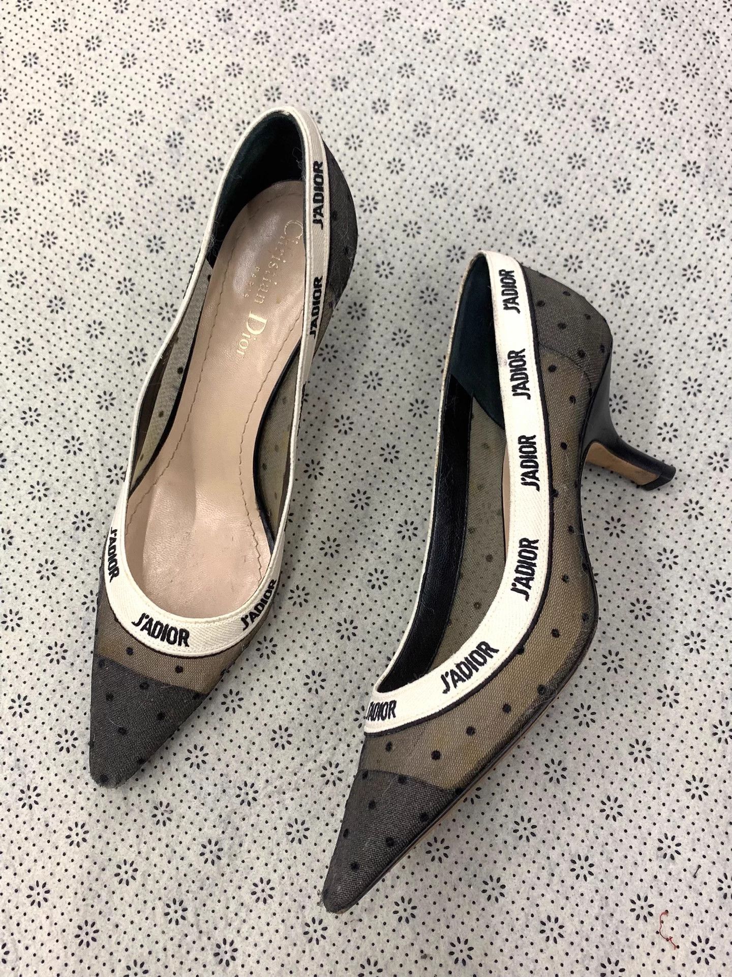 Dior Dior black white logo tulle polka dot kitten heels Size US 8 / IT 38 - 1 Thumbnail