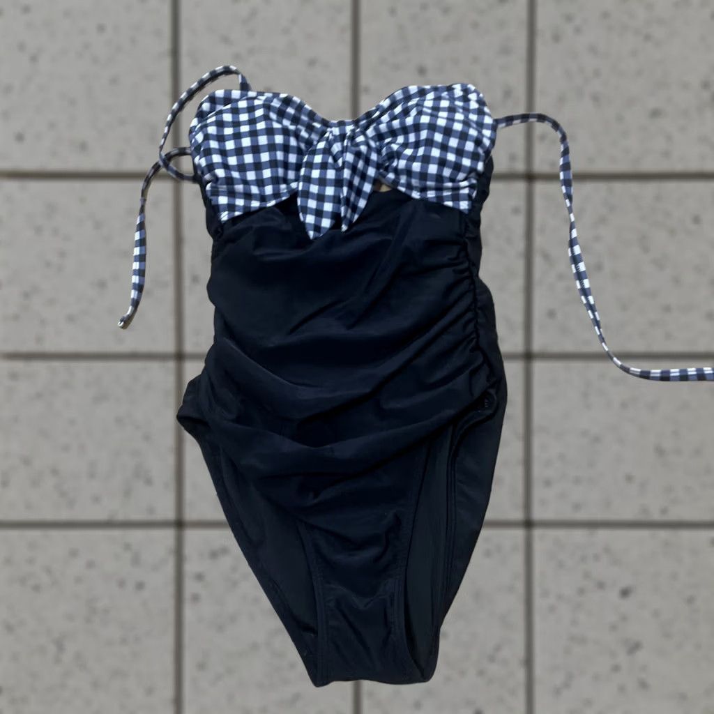 Vintage Tempt Me One Piece Swimsuit XS Blue Gingham Cutout Tie Front Detach Strap Black Back Padding Ruched Beach Classic Women Size ONE SIZE - 1 Thumbnail
