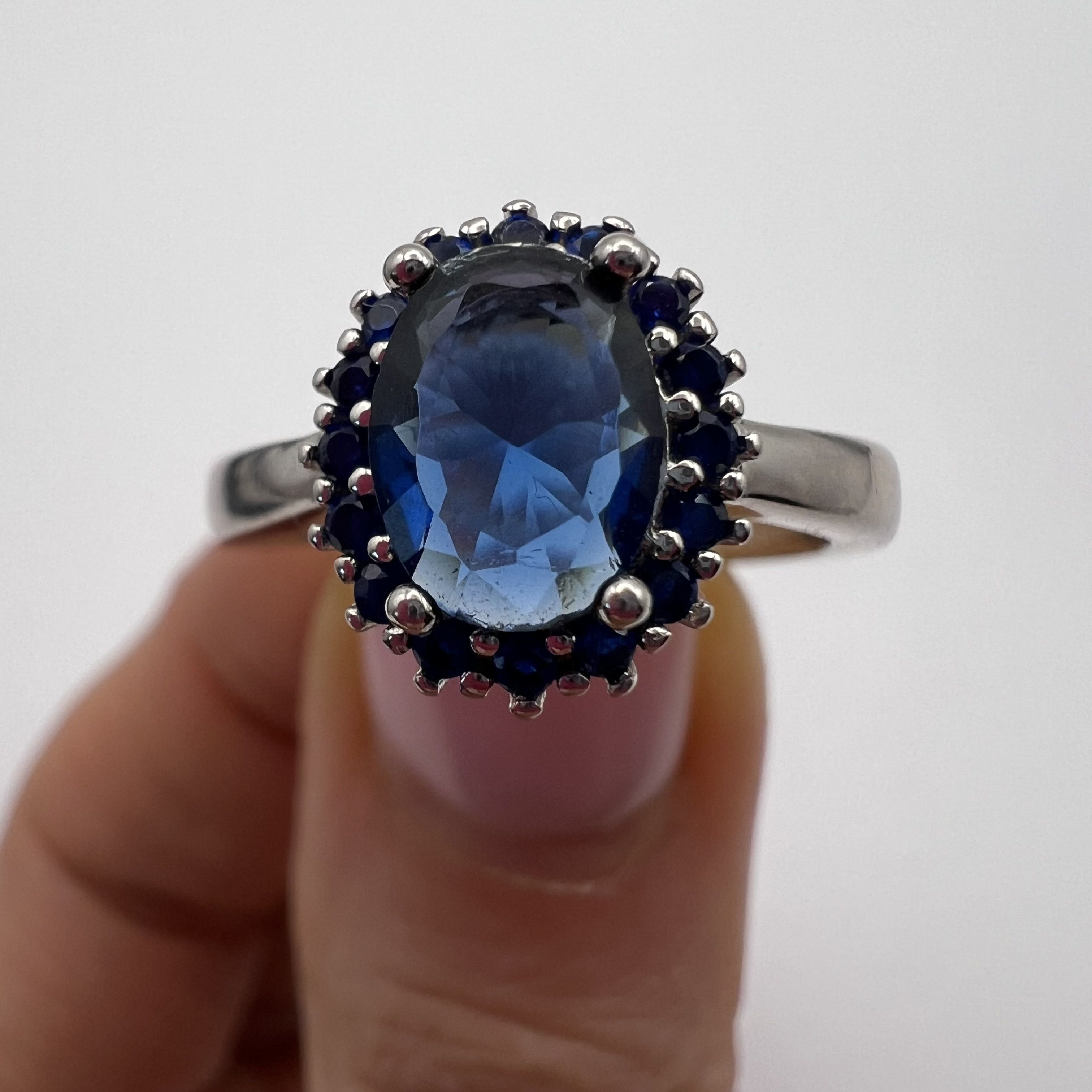Sterling Silver 925 Sterling Silver Blue Sapphire Ring with Halo Stones Size ONE SIZE - 5 Thumbnail
