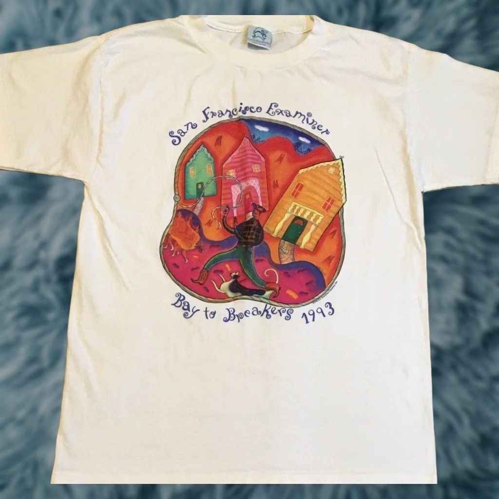 BMW VINTAGE San Francisco Examiner Faded Abstract Art Shirt XL 90s Cowboy Grunge White Mens T-Shirt Size US XL / EU 56 / 4 - 1 Thumbnail