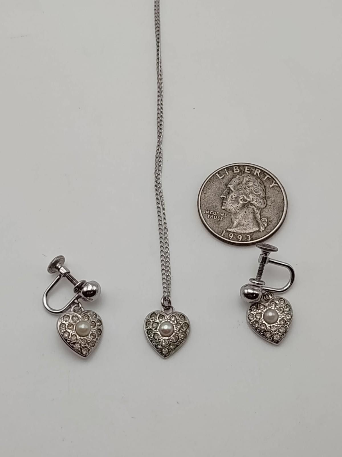 Sterling Silver Vintage Sterling Heart Necklace & Screw Back Earrings Set Size ONE SIZE - 2 Thumbnail