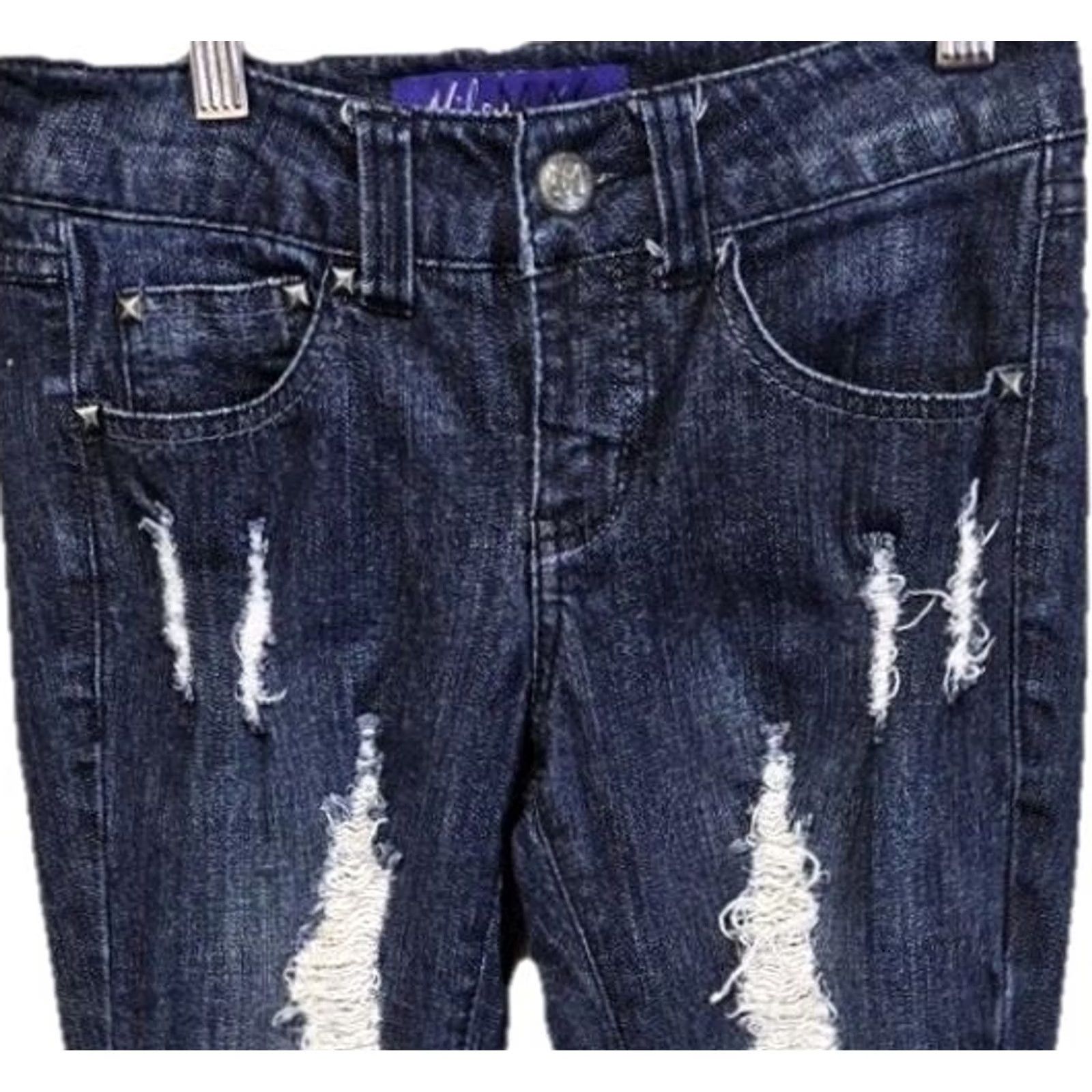 Denime Miley Cyrus Jeans MAX AZRIA Distressed Dark Denim Skinny Size 3 Juniors Blue Shredded Ripped Slimming 5-Pocket Denim Wear Women Girls? Size 26" / US 2 / IT 38 - 2 Thumbnail