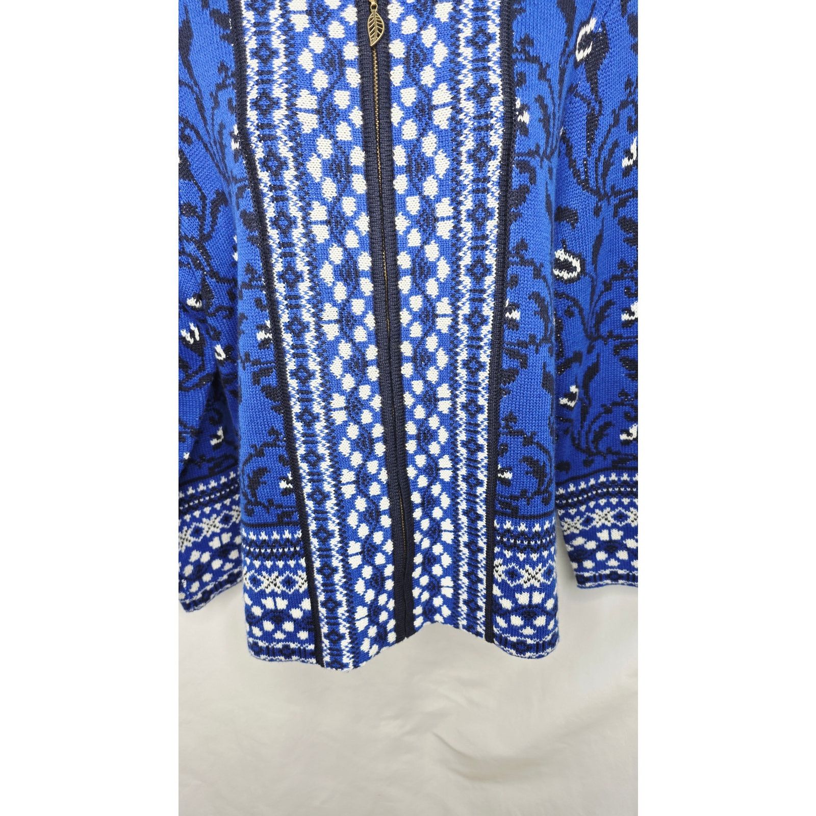 Other Zipper Front Blue & Black Floral Fair Isle Cardigan Sweater Size L / US 10 / IT 46 - 4 Thumbnail