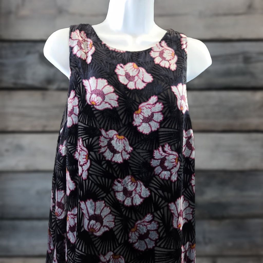 VINTAGE Ann Taylor LOFT Womens Dress Sz Medium Black Pink Floral Velvet  Sleeveless Rayon