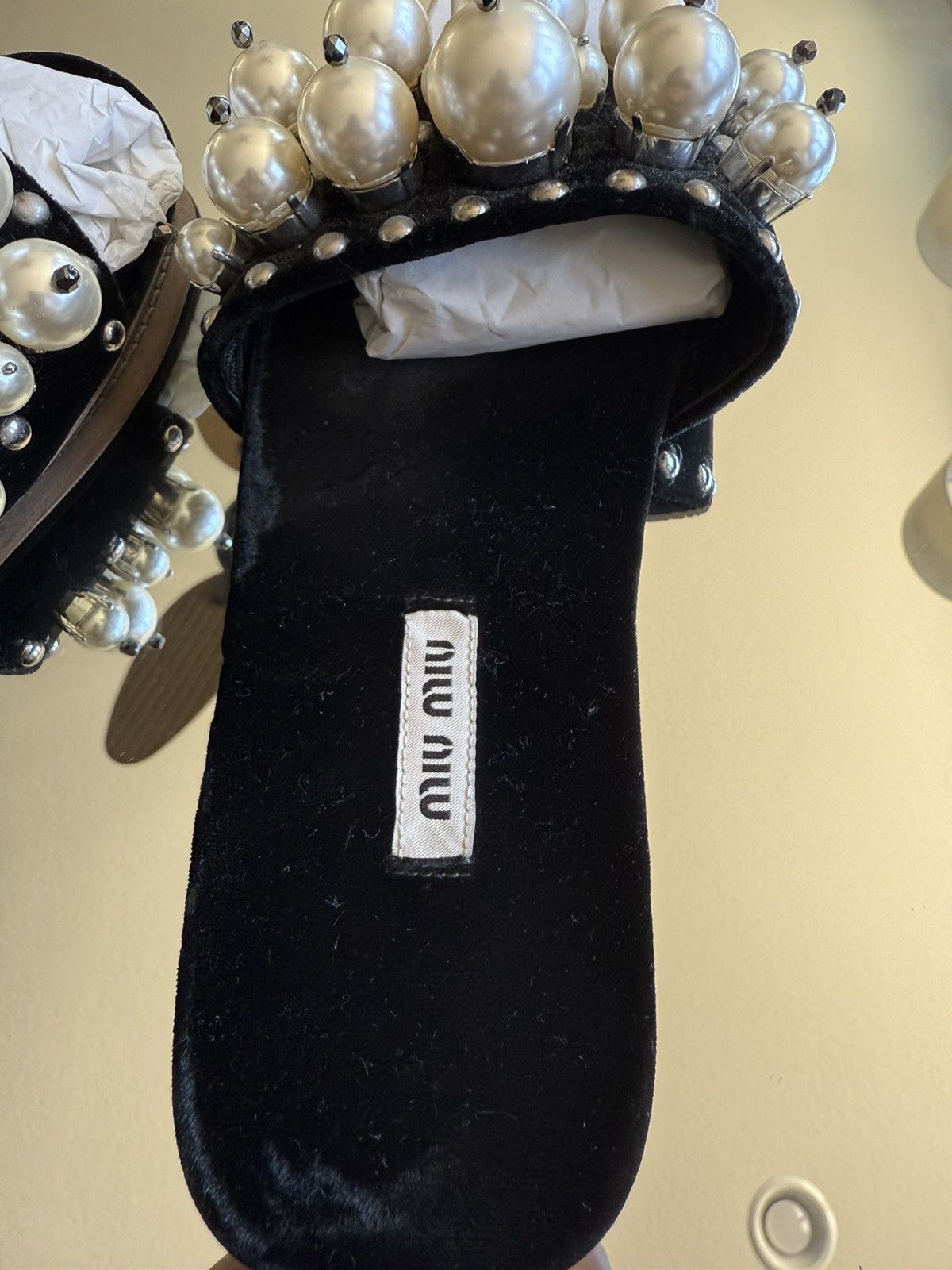 Miu Miu Miu Miu Black Velvet Faux Pearl Embellished Flat Sandal Size US 8 / IT 38 - 4 Thumbnail