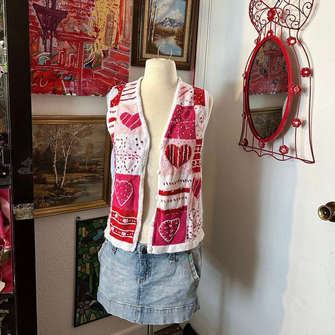 Other stained white stag valentines heart knit cardigan sweater Size S / US 4 / IT 40 - 1 Thumbnail