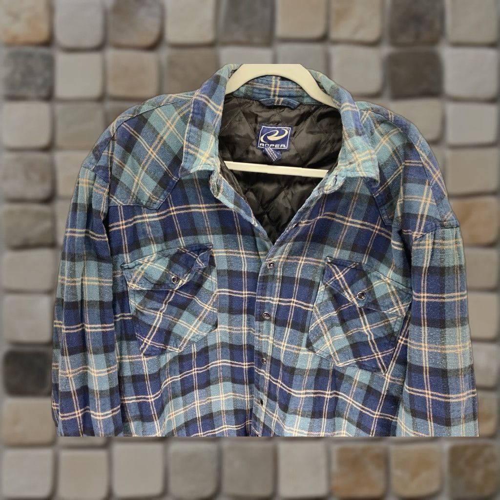 Roper VINTAGE Roper Plaid Flannel Shirt Jacket Pearl Snap Shacket Men L Blue Quilted Rodeo Shirt Man Large Blue Plaid Rodeo Size US L / EU 52-54 / 3 - 1 Thumbnail