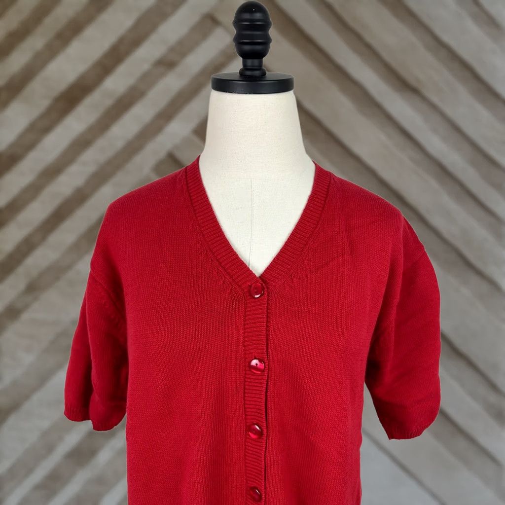 Vintage VINTAGE Lise J. Cardigan Sweater Womens Large Red Cotton Short Sleeve Navy? Size L / US 10 / IT 46 - 1 Thumbnail