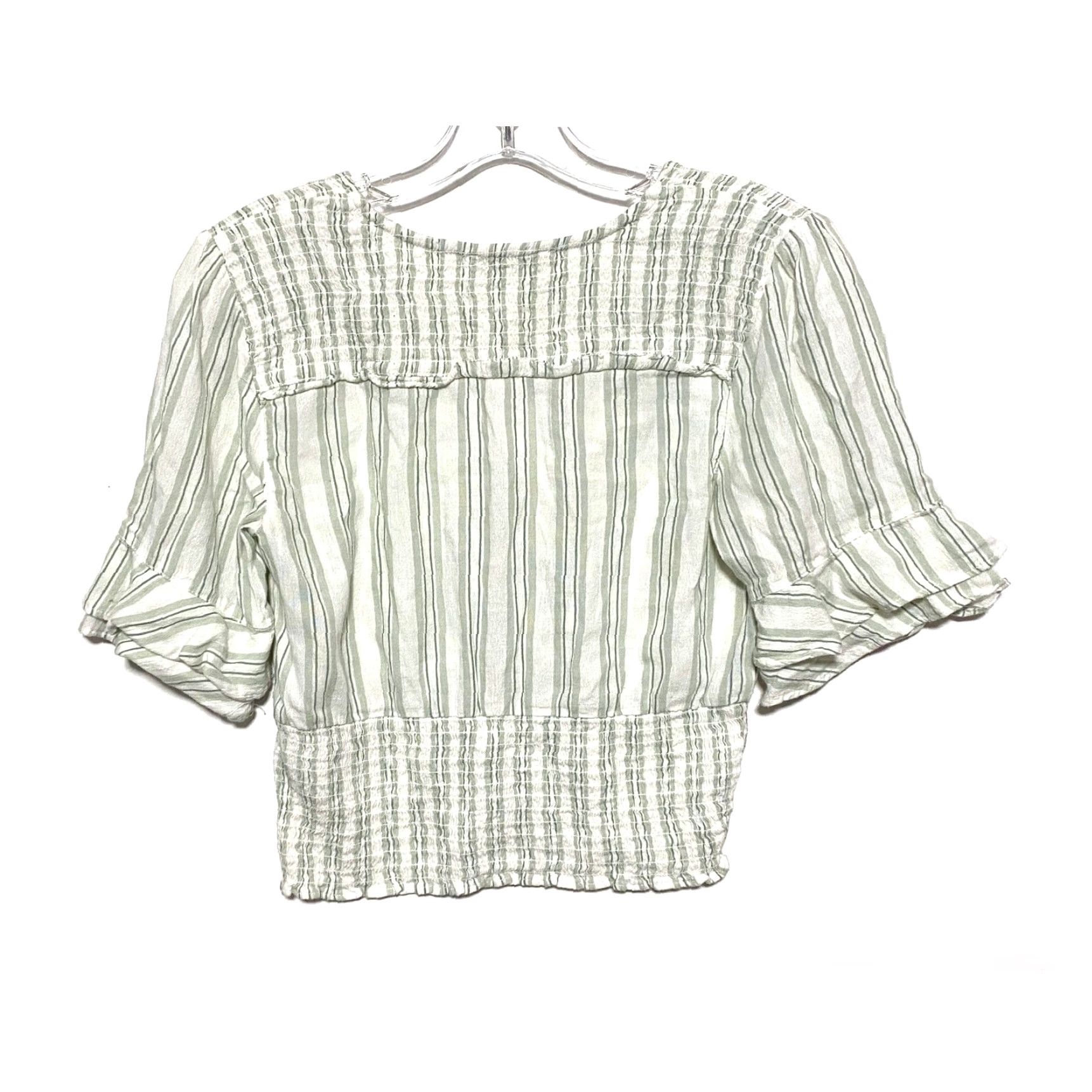 Abercrombie & Fitch Abercrombie V Neck Blouse Womens S Green Striped Smocked Ruffles Boho Festival Shirt Size S / US 4 / IT 40 - 3 Thumbnail