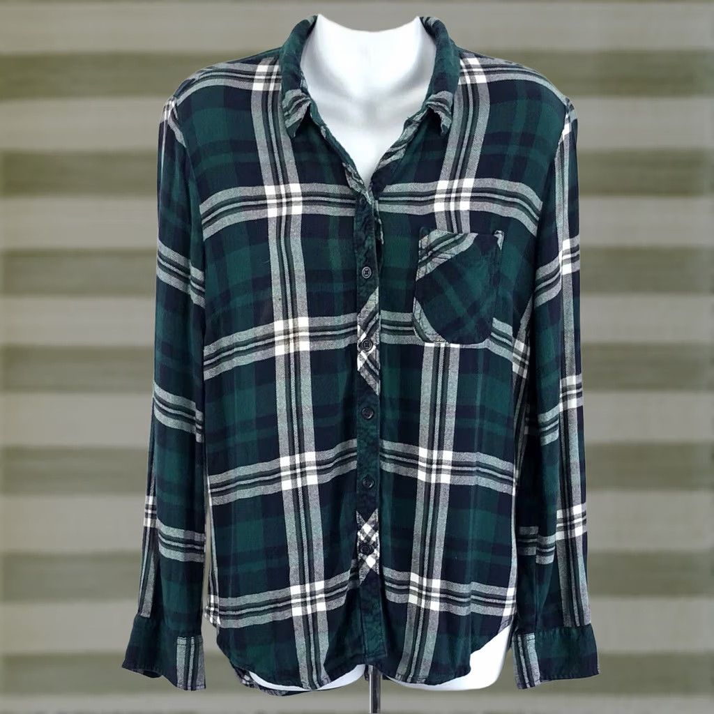 Vintage Beach Lunch Lounge Blouse M Green Plaid Rayon Flannel Top ButtonUp Vintage-Style Grunge 90s Bohemian Western Casual Workwear Womens Size M / US 6-8 / IT 42-44 - 1 Thumbnail