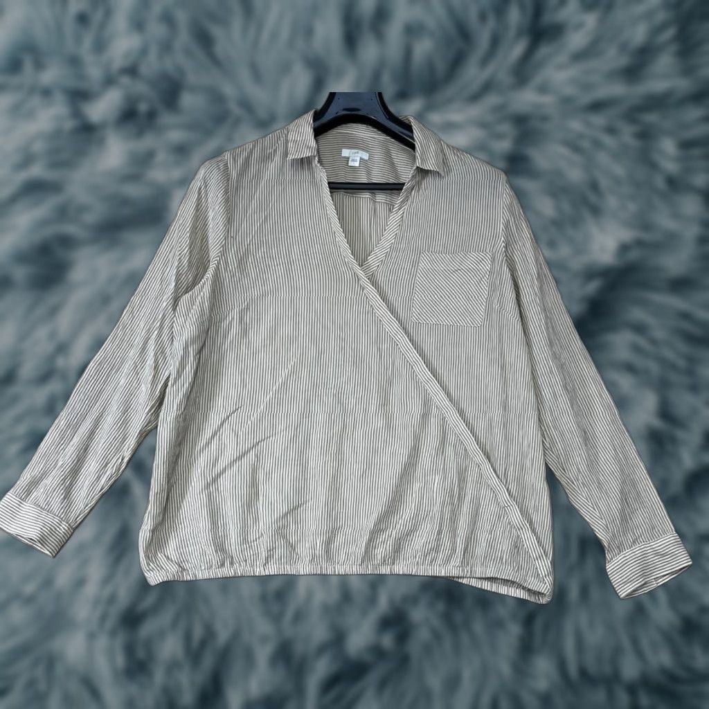 J. Jill J. Jill Blouse Women L Roll Tab Sleeve Lightweight Cotton Beige Stripe Shirt Top Casual Workwear Size L / US 10 / IT 46 - 1 Thumbnail