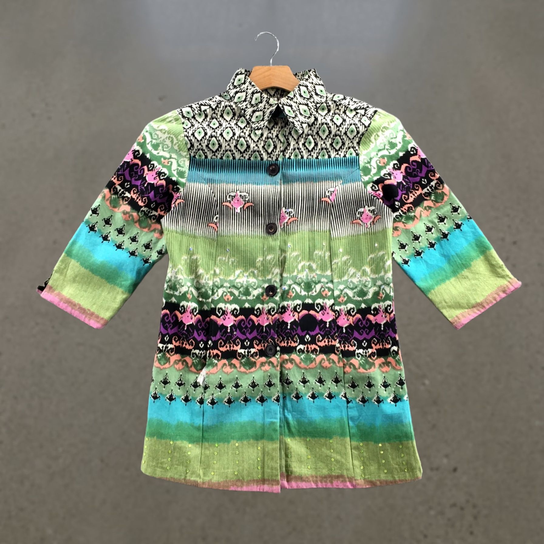 Vintage Shana K Shirt Women M Multi Abstract Print 3/4 Sleeves Button Up Collared Cotton Green Classic Geometric Casual All Seasons Mens? No Size M / US 6-8 / IT 42-44 - 1 Thumbnail