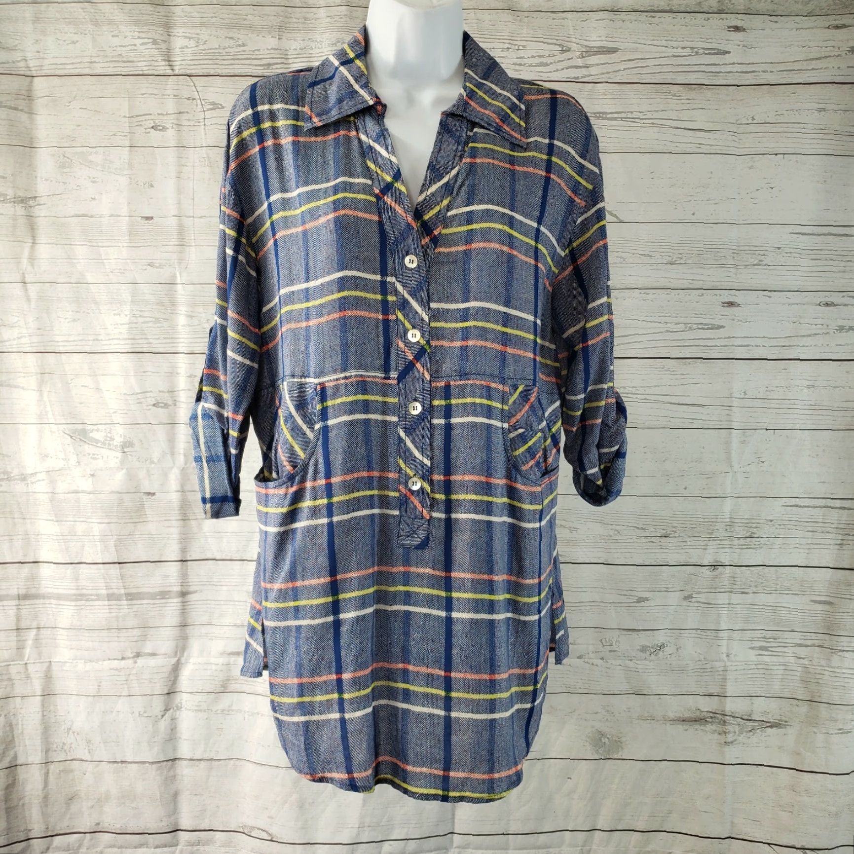 Vintage Plenty by Tracy Reese Womens Tunic Top Sz S Plaid Blue Yellow Long Sleeve Collared Casual Blouse Size S / US 4 / IT 40 - 2 Thumbnail